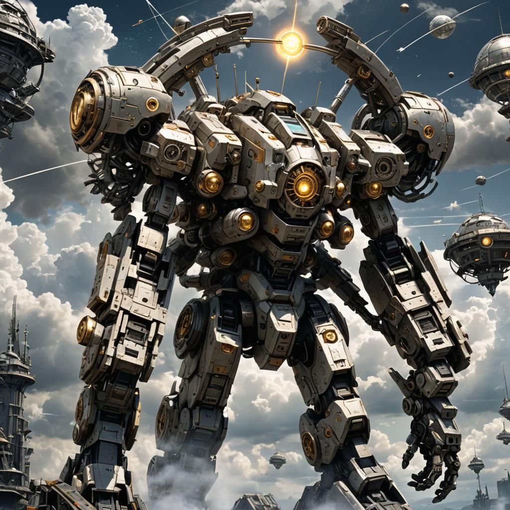 Epic Angelic Mech Warrior in the Clouds