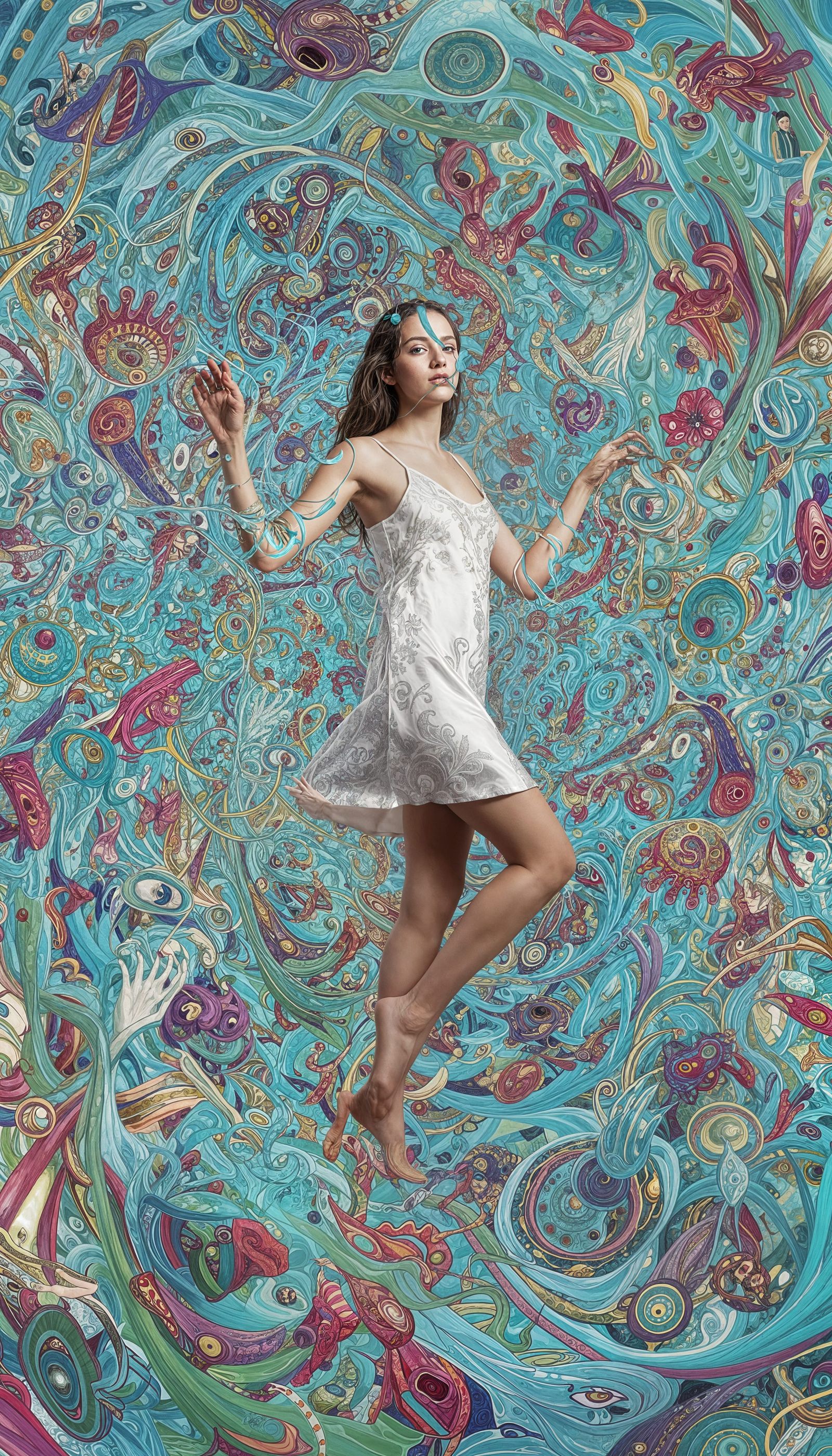 Psychedelic Woman in Swirling Abstract Patterns