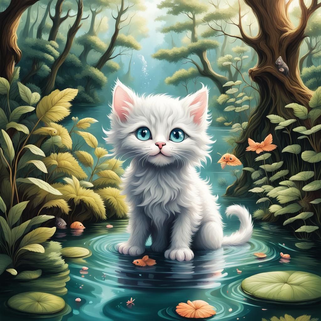 Curious Blue-Eyed Kitten in Forest Pond