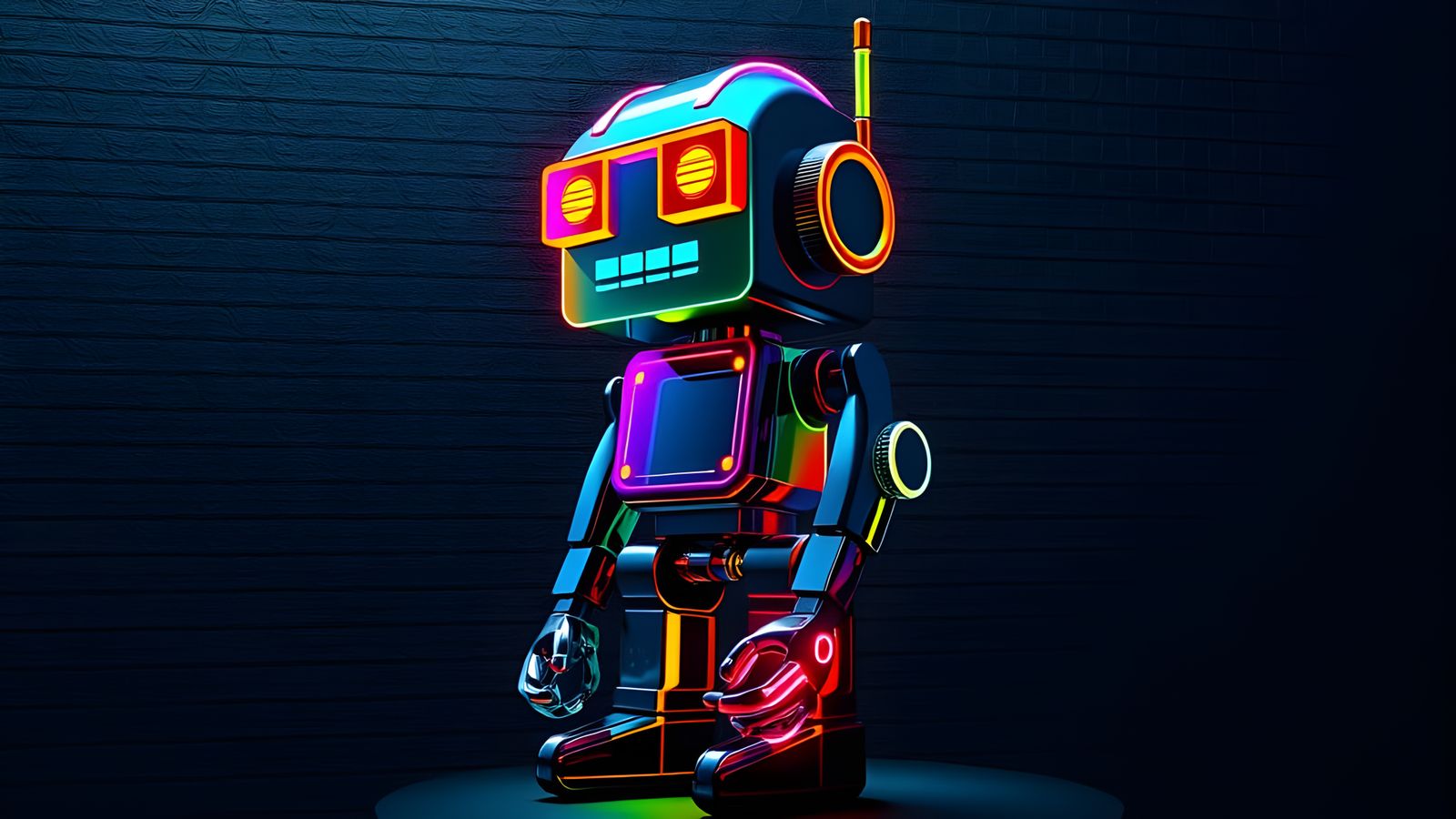 Vibrant Neon Robot in Retro Synthwave Style on a Textured Bl...