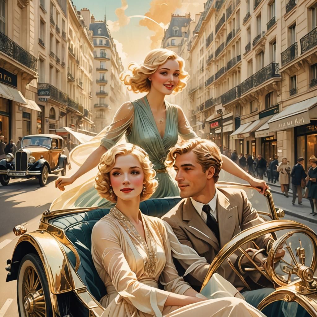 Art Deco Couple Driving in Paris