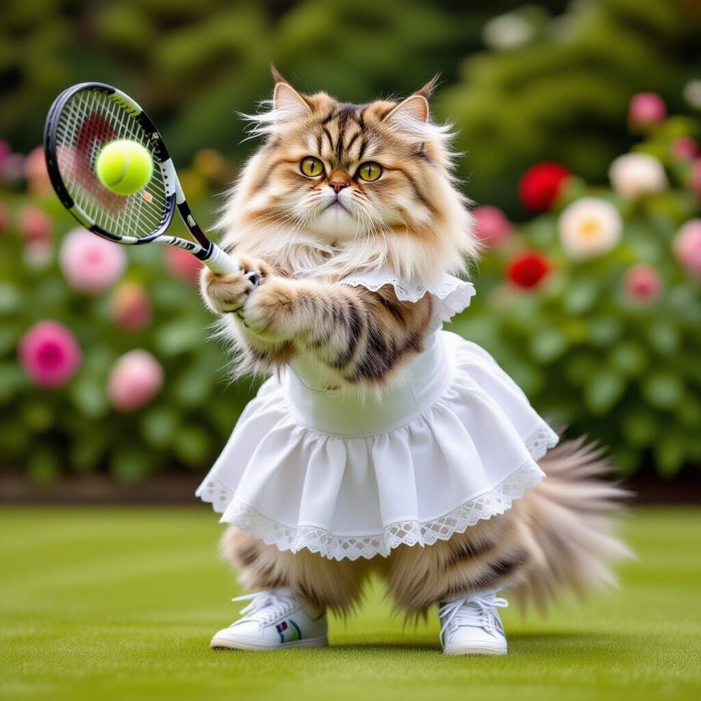 Persian Cat Plays Tennis in Art Nouveau Style