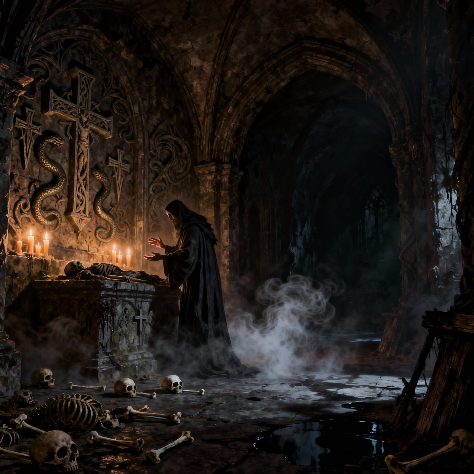 Sinister Crypt Scene in Dramatic Chiaroscuro Style