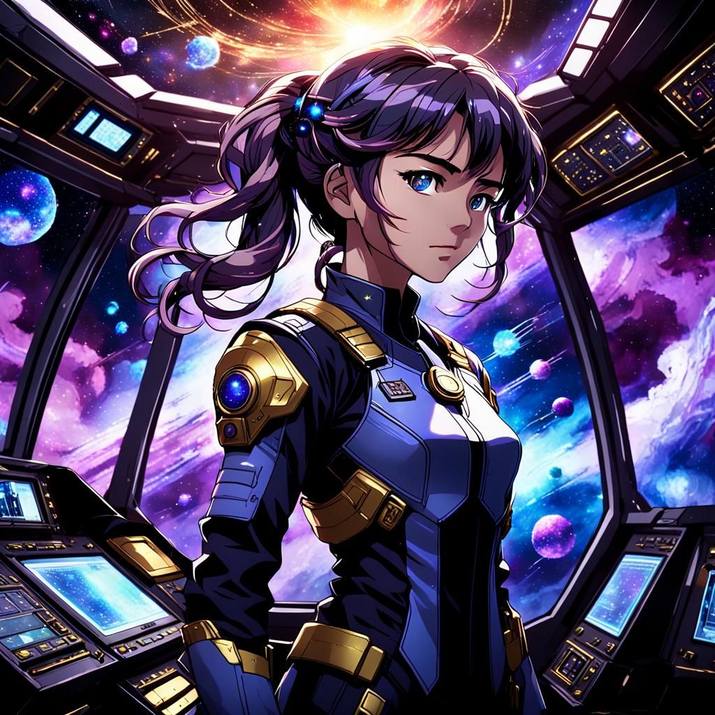 Anime Captain Gazing at Nebula in Sunset Light