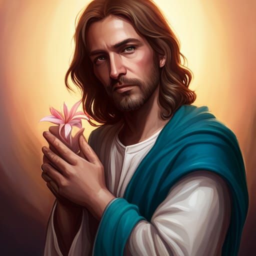 Jesus Christ Portrait with Lily in Trending Art Style