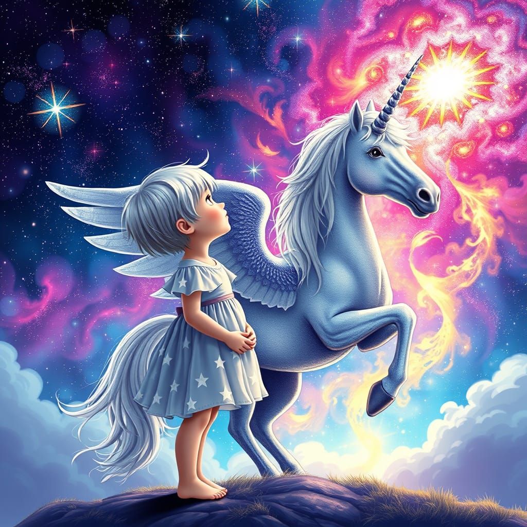 Toddler and Unicorn Gaze at Starry Sky