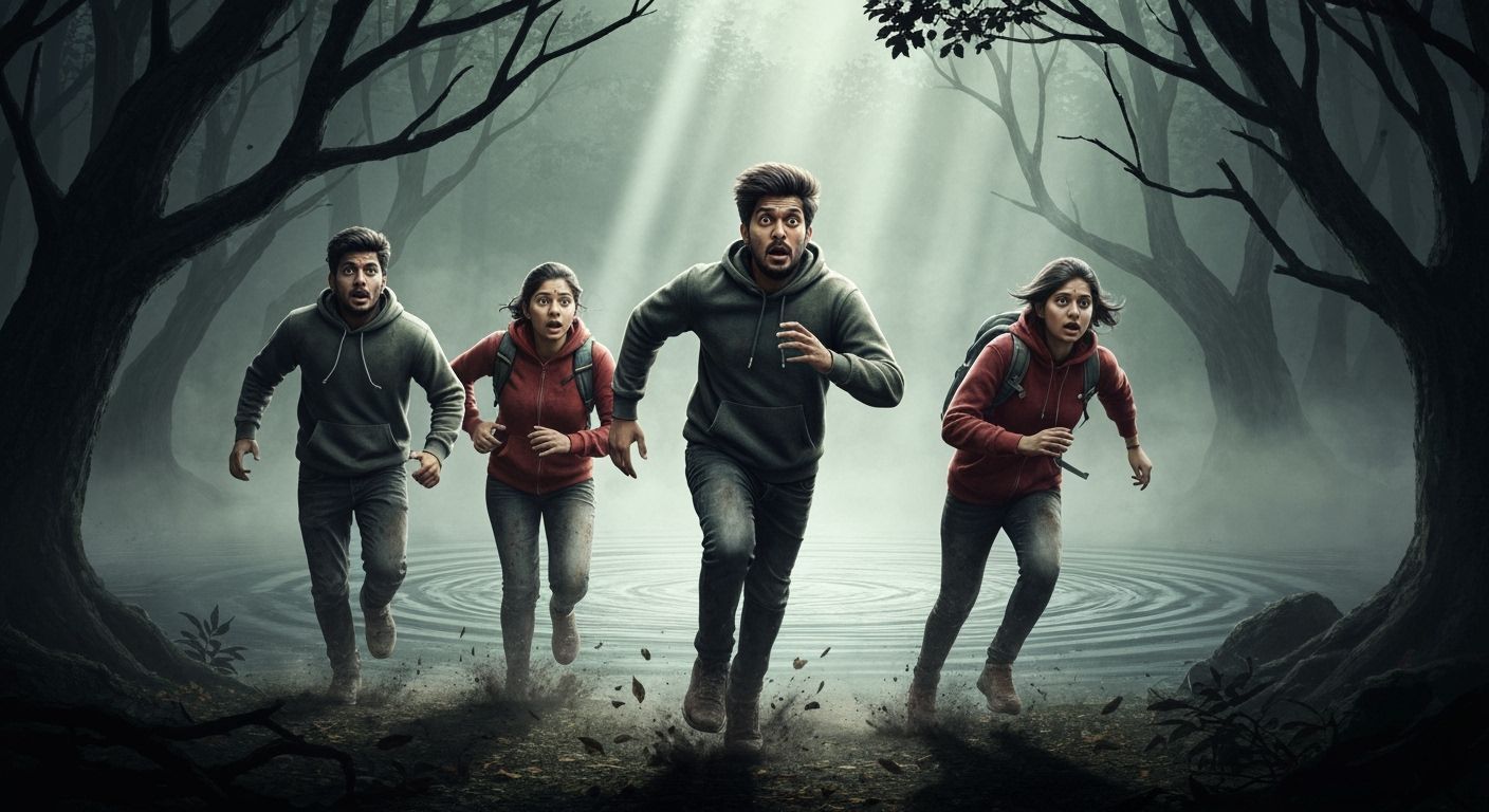 Friends Fleeing Misty Lake in Eerie Forest