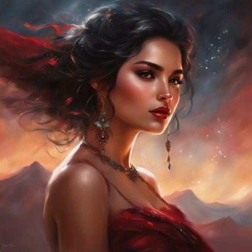 Beautiful Mexican Girl Portrait in Dark Red and Black