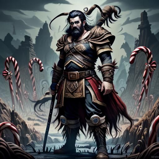 Dwarf Barbarian Among Vibrant Candy Cane Forests in Cyberpun...