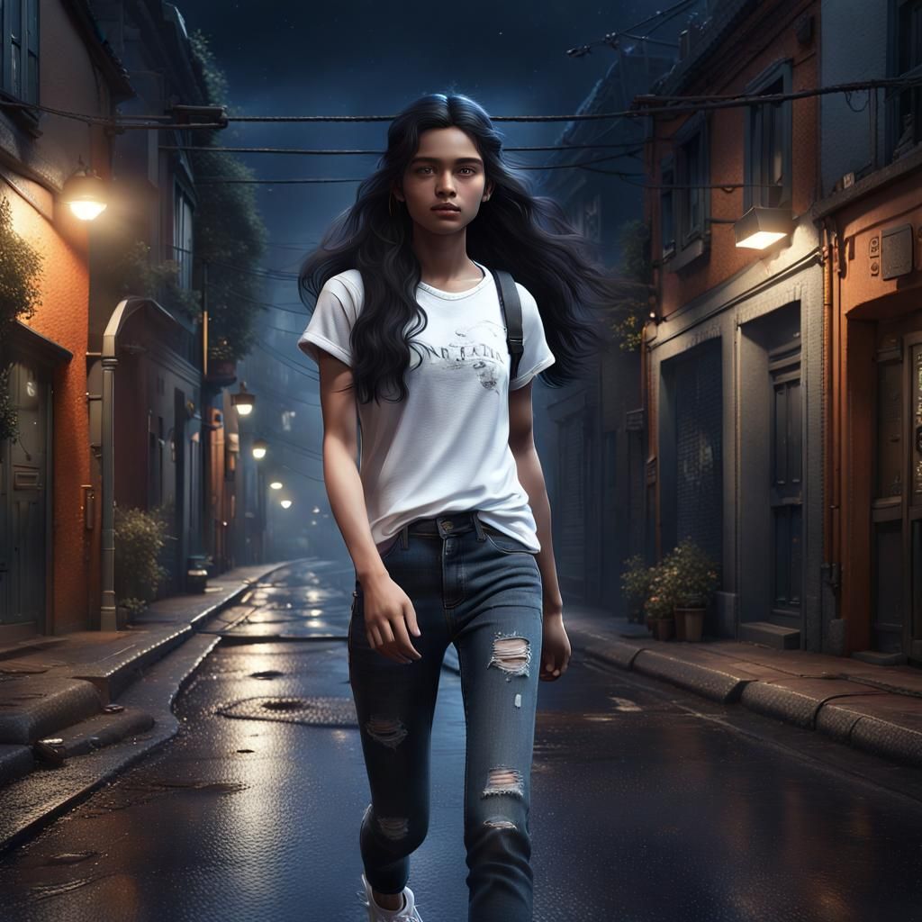 Teenage Girl Walking on Lonely Street: Fantasy Art