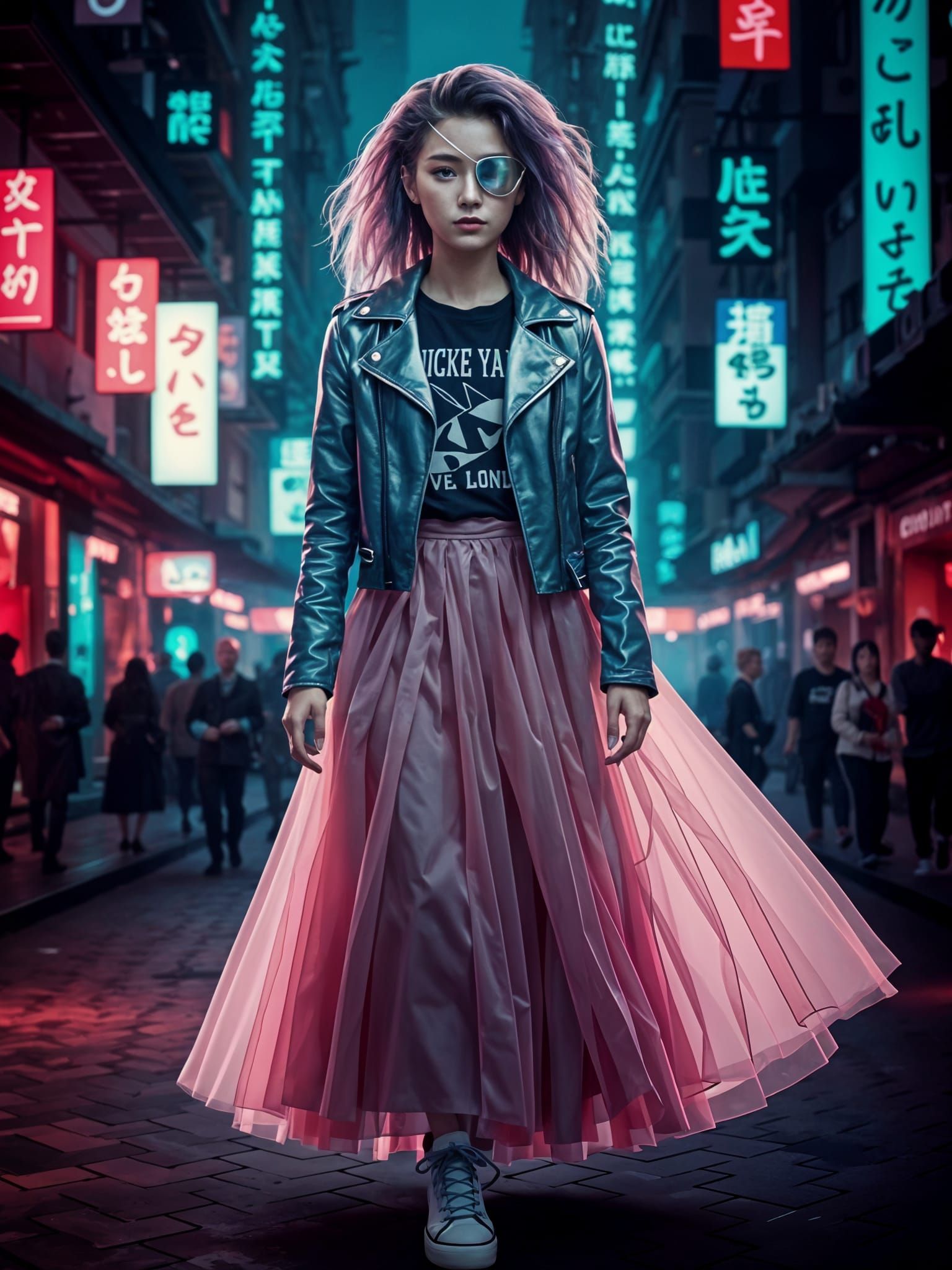 Futuristic Asian Cityscape with Cyberpunk Girl in Neon Light...