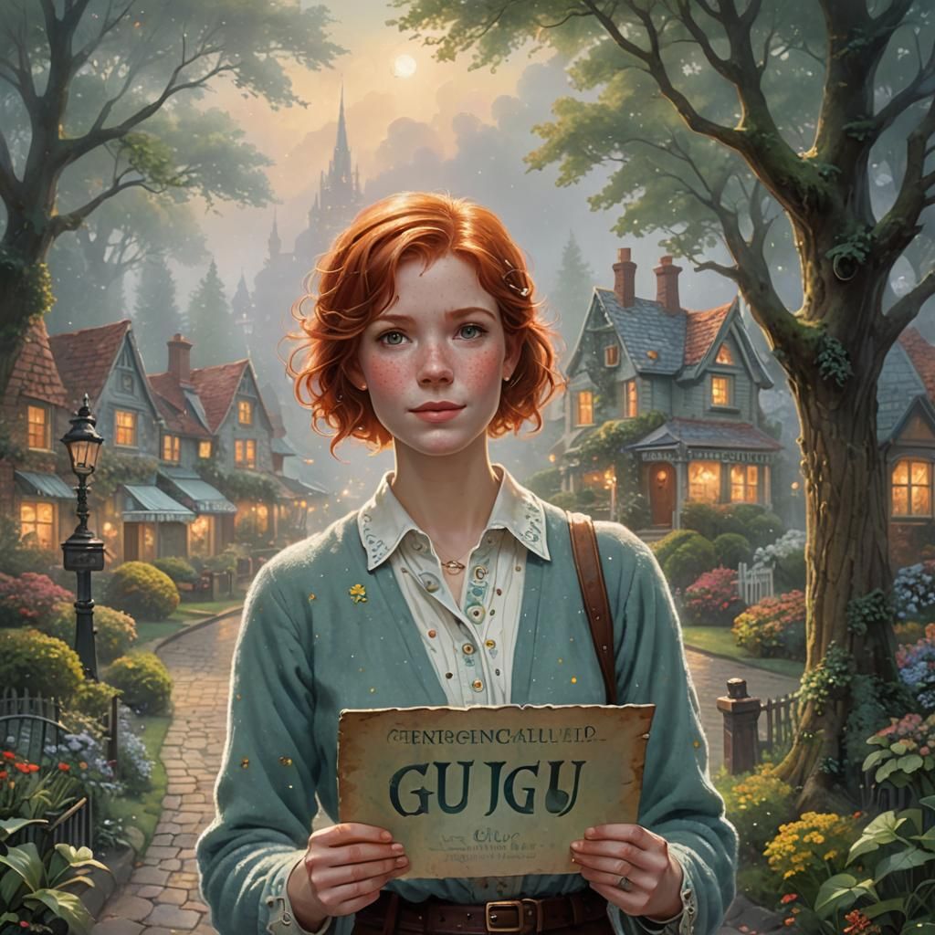 Freckled Redhead with Sign in Ethereal Style