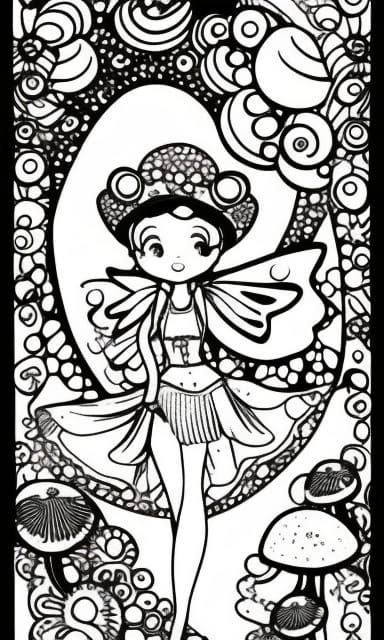 Fairy Coloring Page with Mushrooms: Thin Line Art