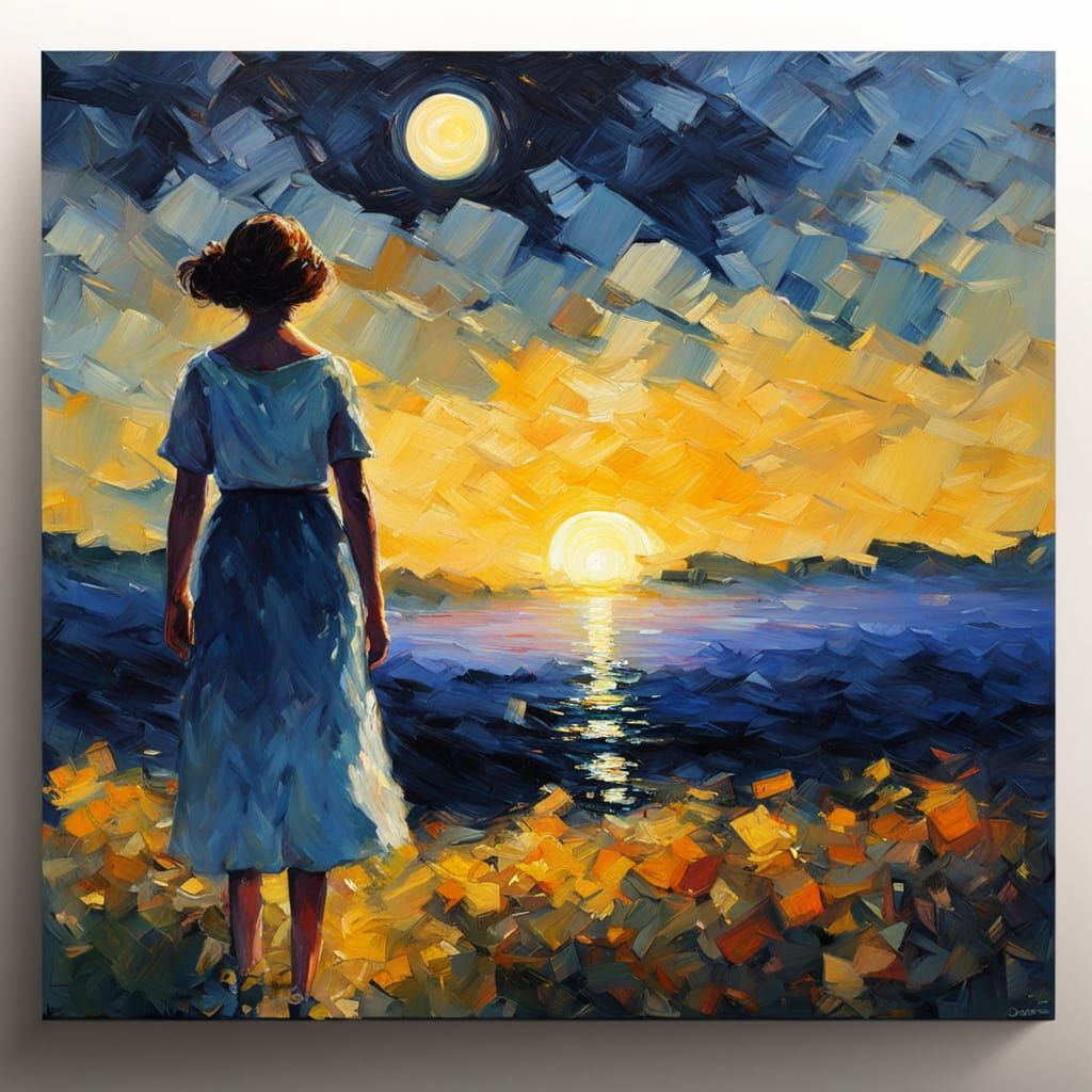 Impressionist Oil Painting of Woman Under Moonlight