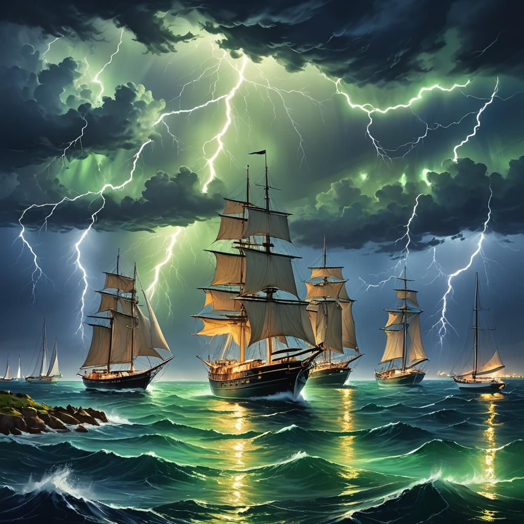 Fantastical picture Storm at sea, yachts on the sea. Lightning illuminated the water and the sky with magical green and ...
