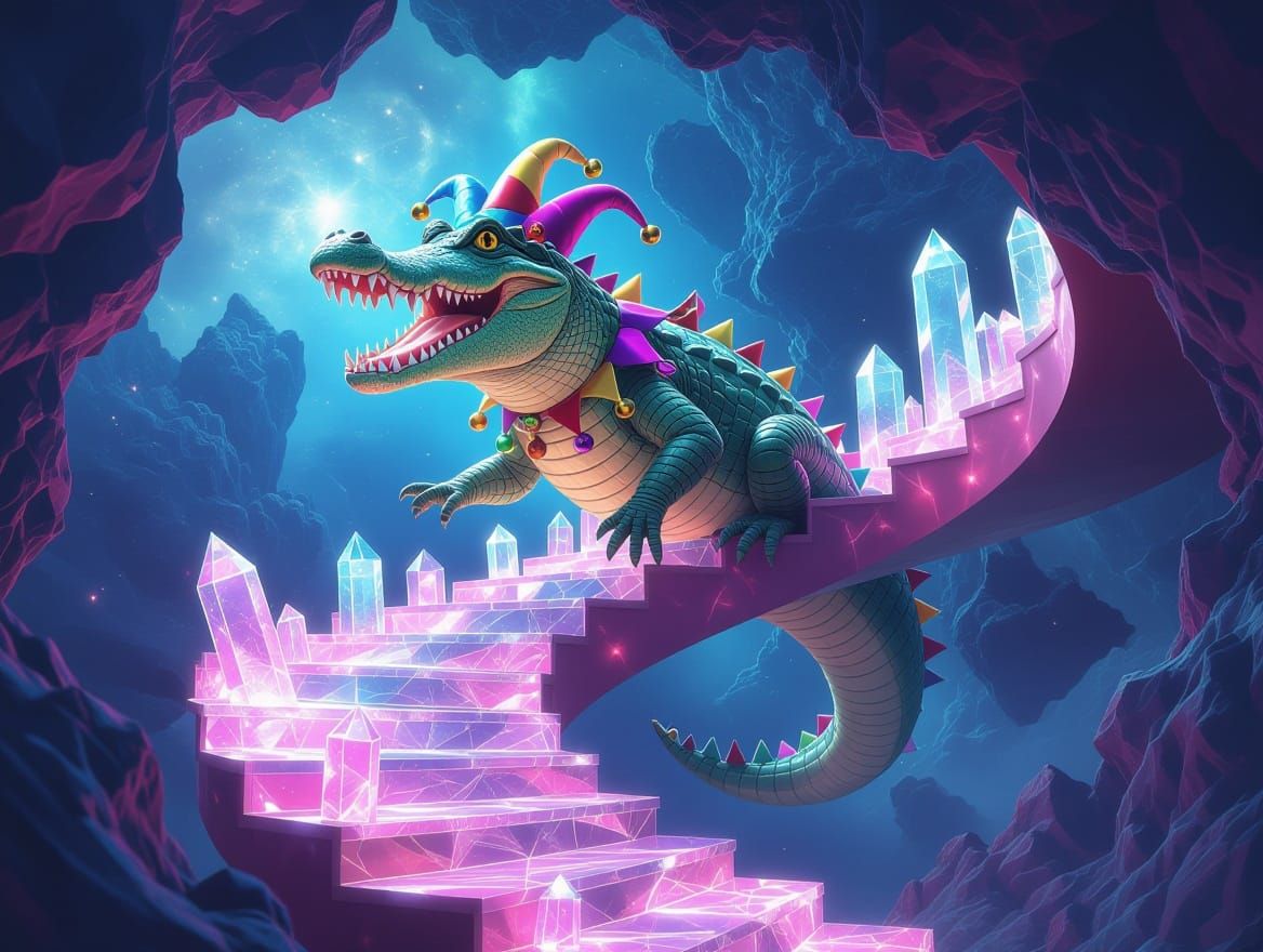 Jester Crocodile on Crystal Staircase in Nebula