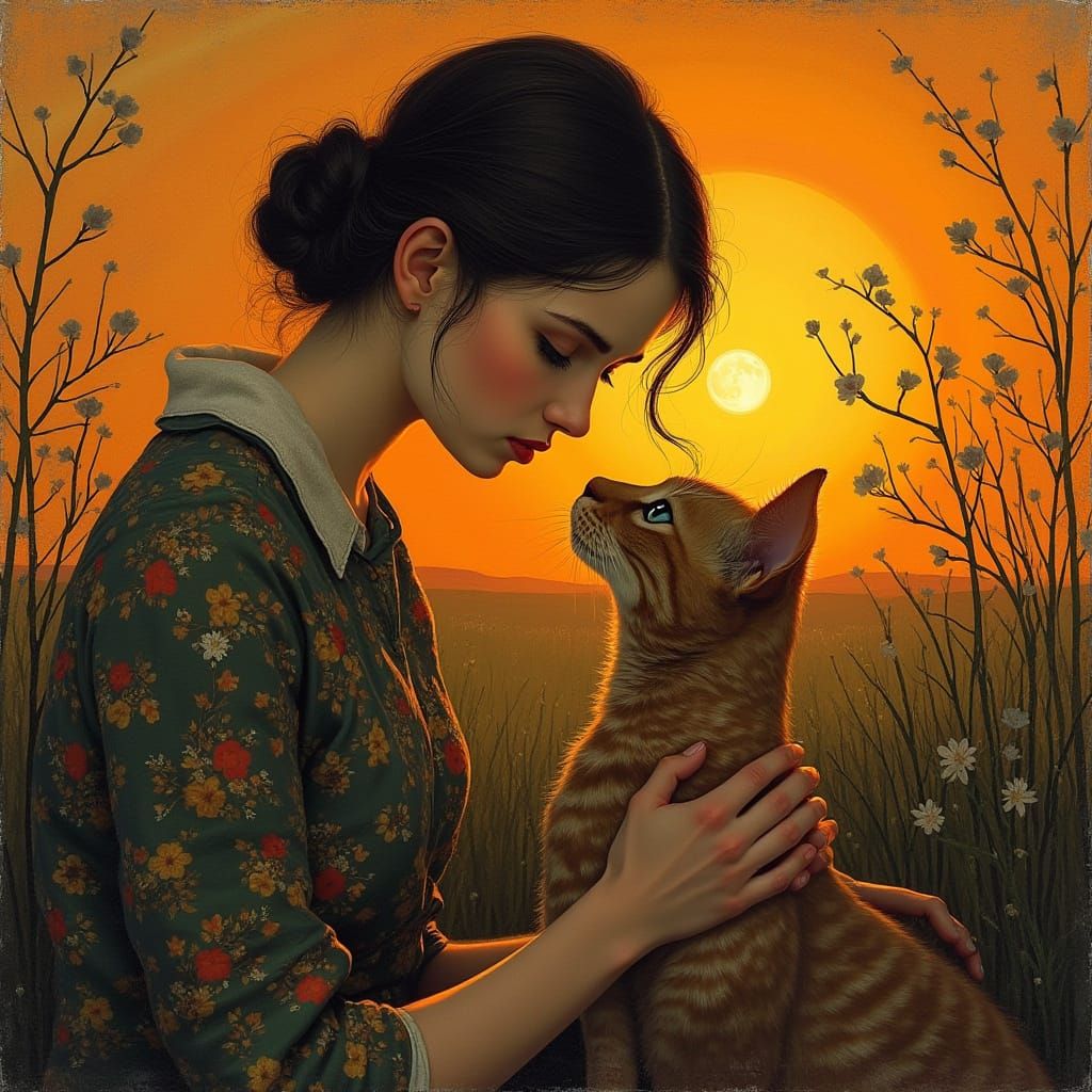 Girl with Cat in Sunset, Fine Lines and Soft Shading