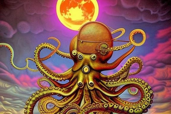 Steampunk Octopus in Surreal Celestial Bed