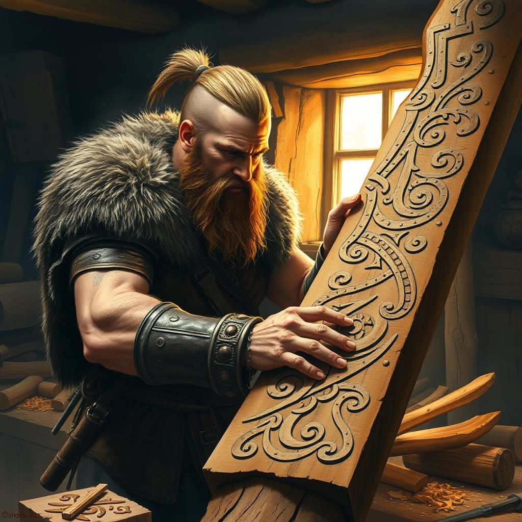 Viking Woodcarver in a Rustic Workshop