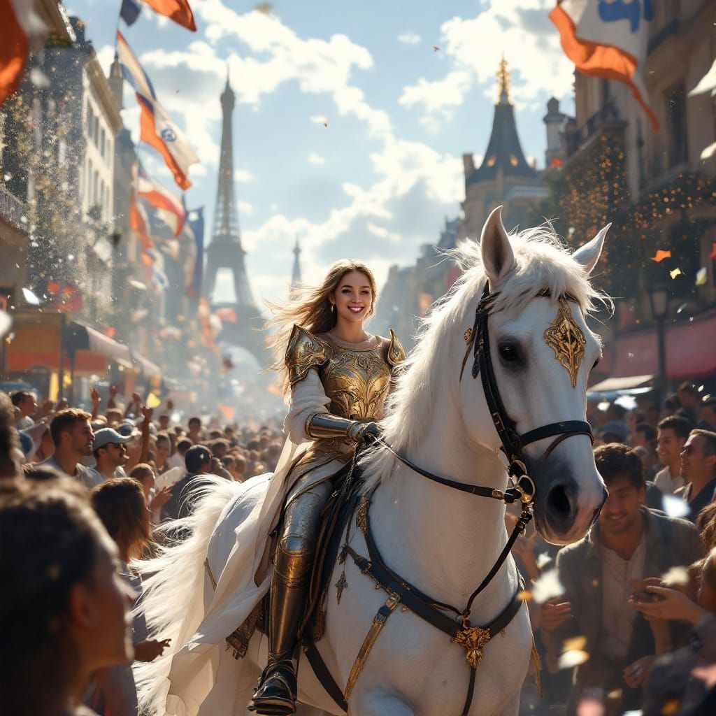 Gentle Female Knight Rides Through Paris in Olympic Opening...