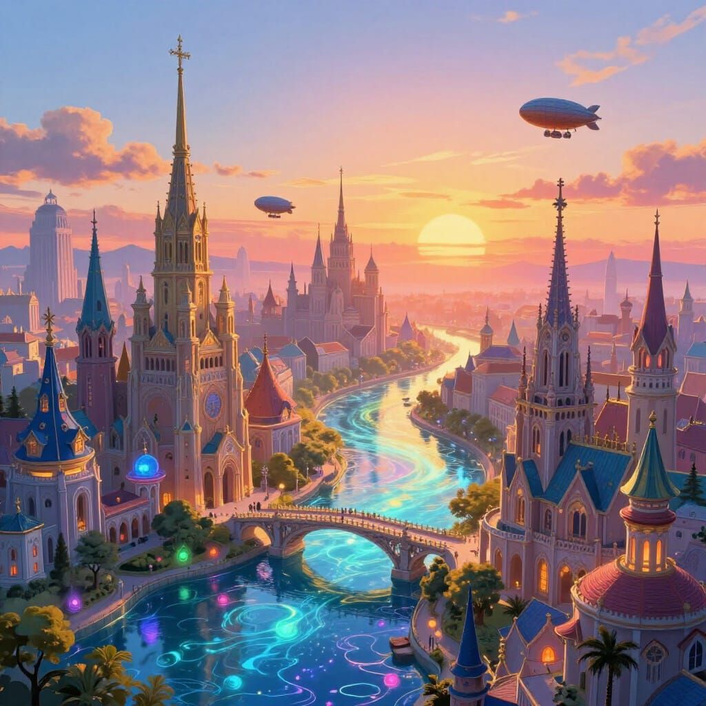 Magical Cityscape at Sunrise with Airships