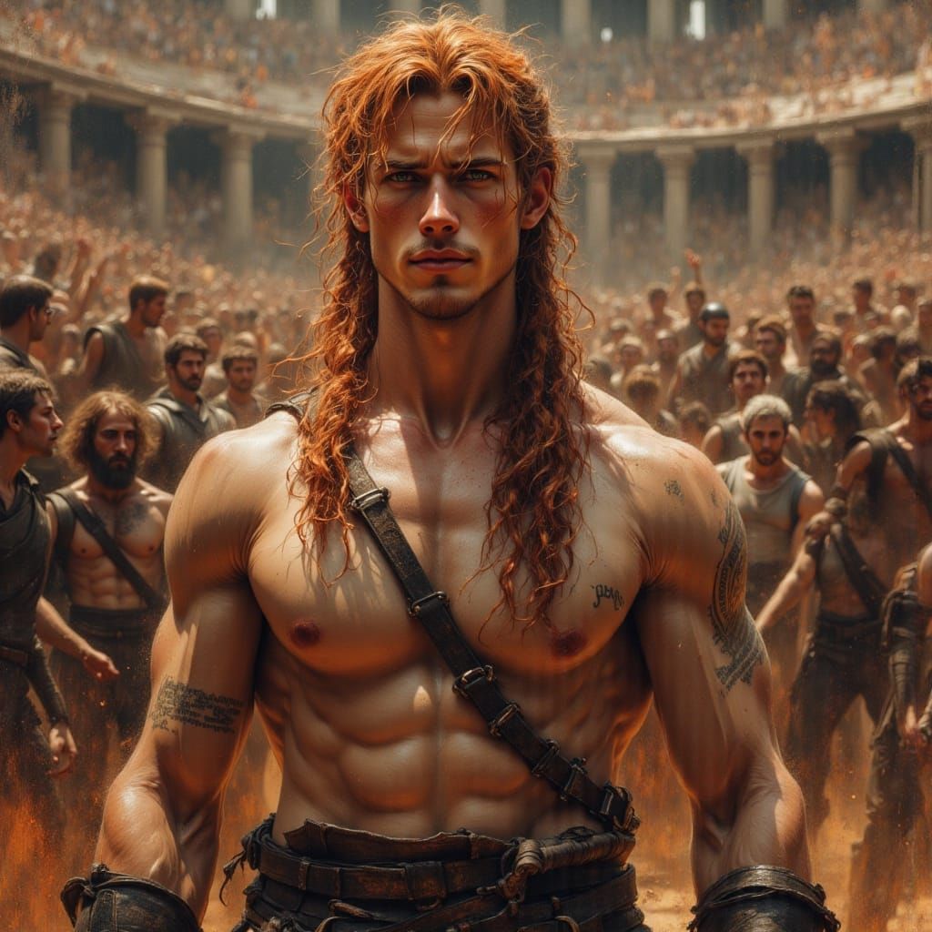 Muscular Gladiator in Roman Coliseum as Oil Painting