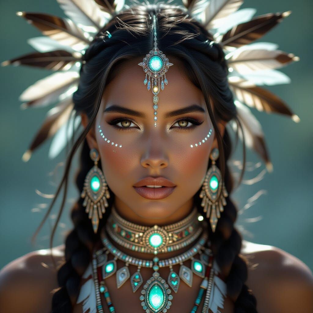 Hyperrealistic full body portrait of a beautiful native hot woman wearing nothing but futuristic jewellery.