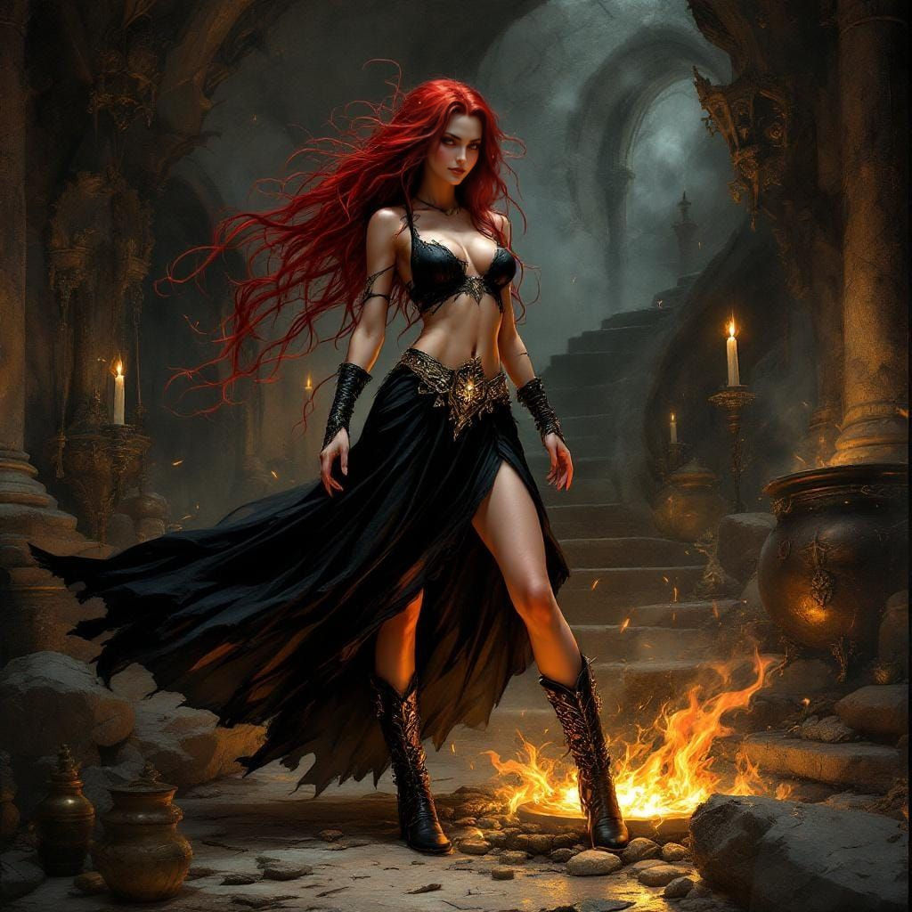 Crimson Sorceress Over Bubbling Cauldron, Dark Fantasy Style