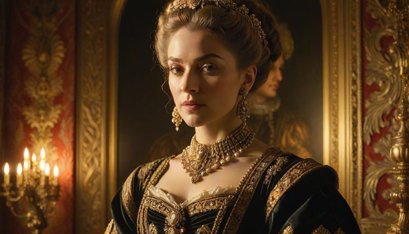 Baroque Woman in Luxurious Room with Rembrandt Lighting