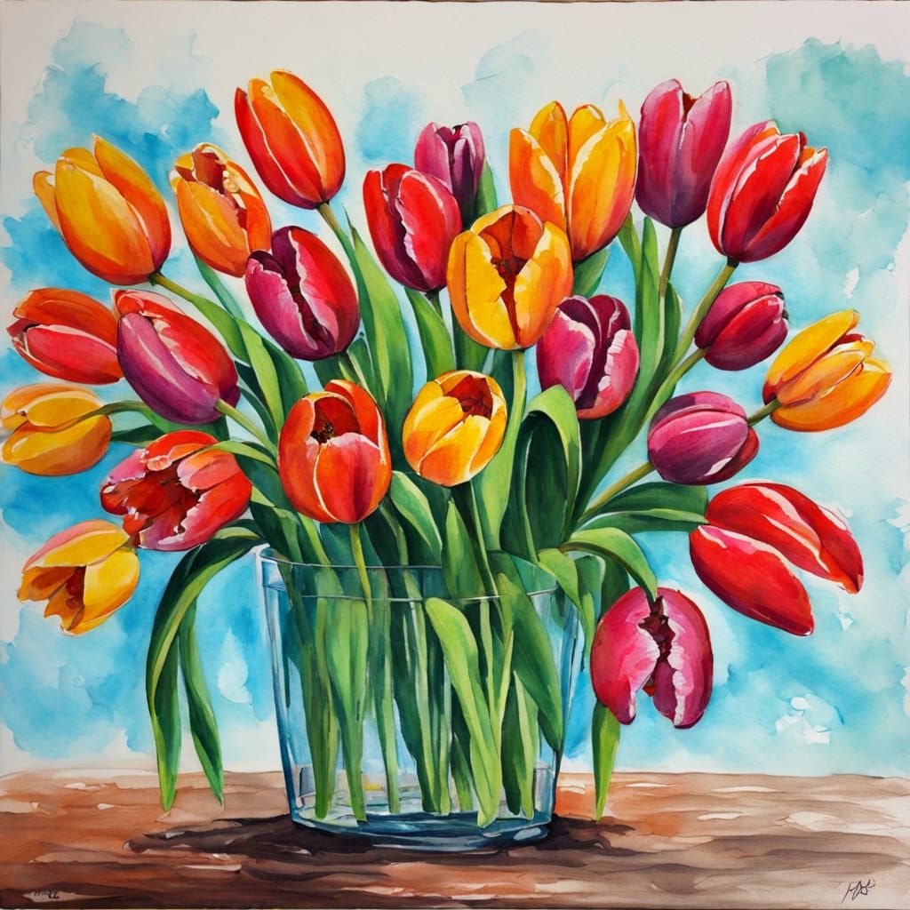 Vibrant Tulips in Expressive Acrylic Art