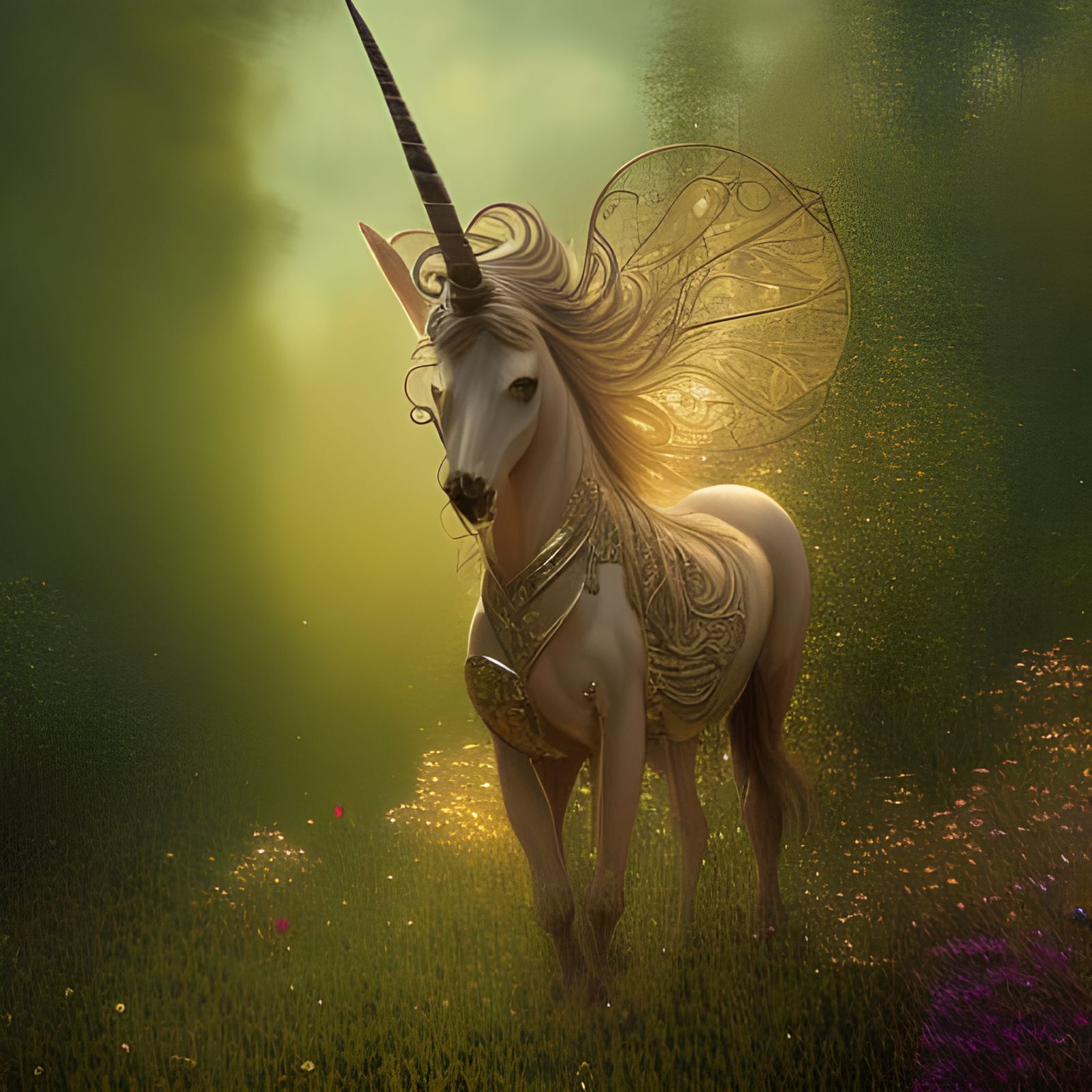Bronze Unicorn in Enchanted Forest, Digital Art