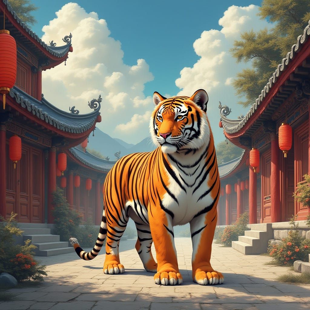 A Majestic Brown Tiger in Traditional Chinese Courtyard