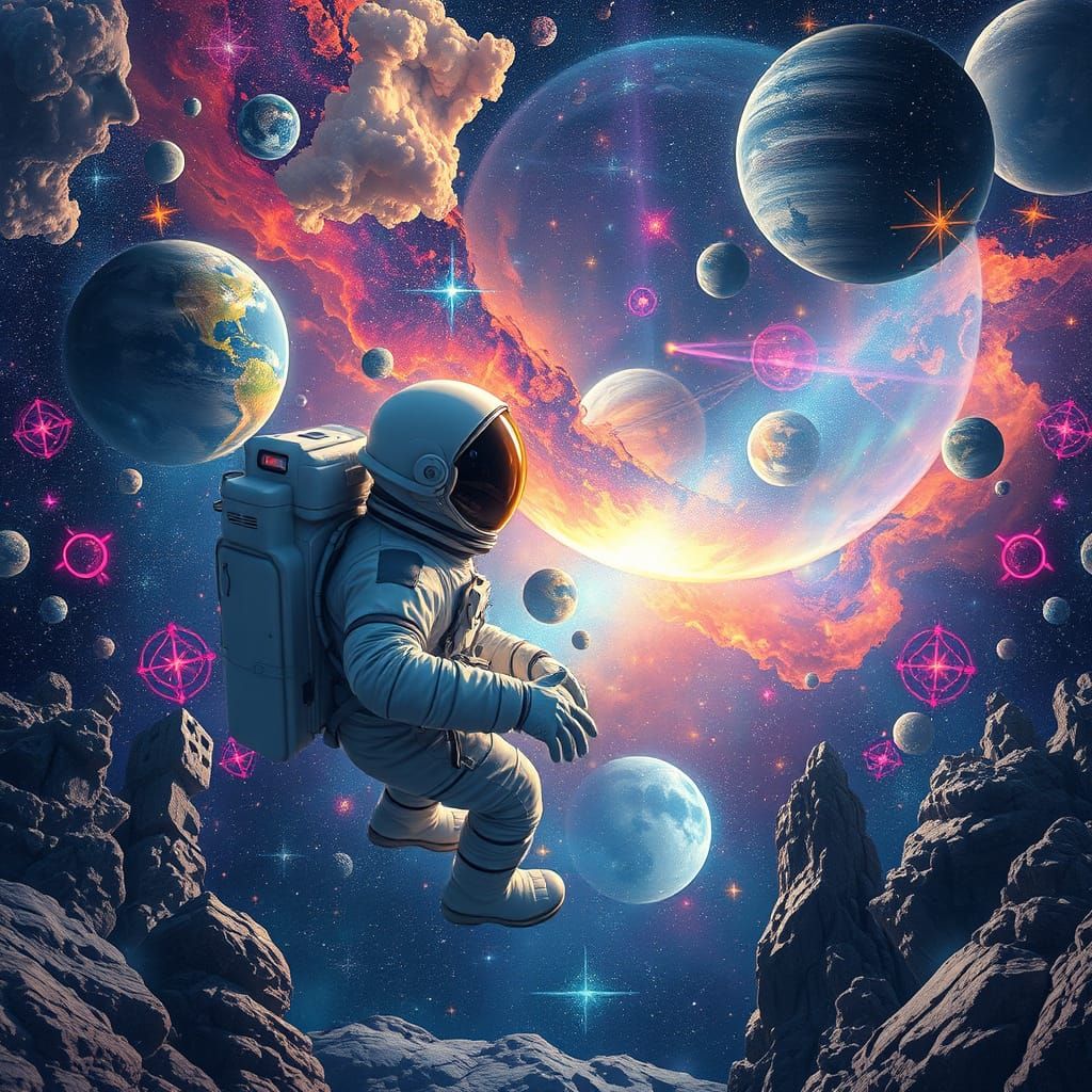 Astronaut Exploring Cosmic Realms in Holographic Art