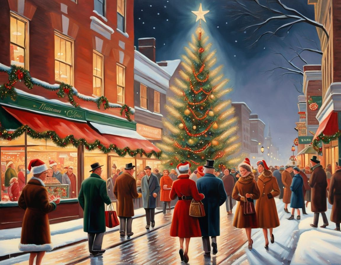 1950s Christmas Main Street Scene in Hyperrealistic Oil Pain...