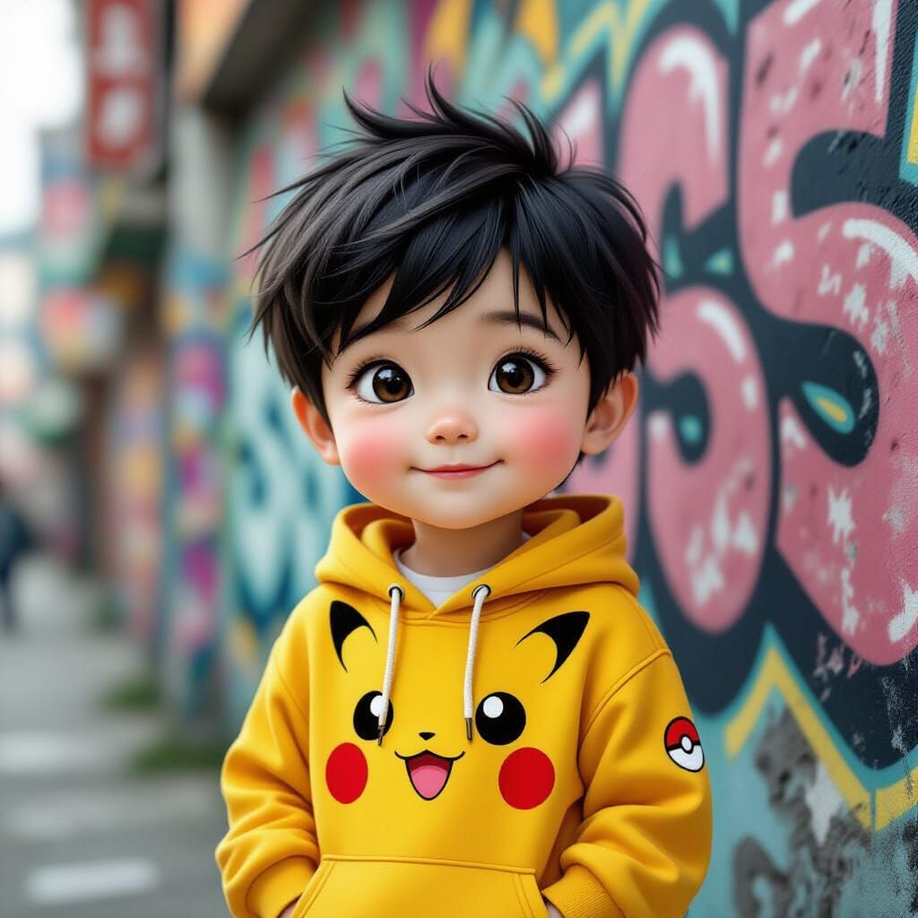 Adorable Asian Boy with Pokemon Hoodie in Cityscape