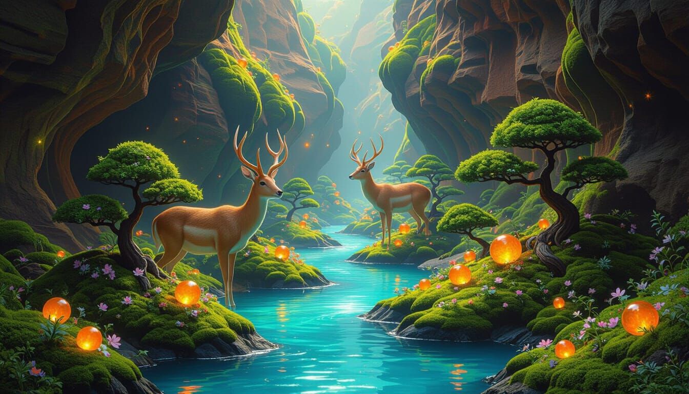 Surreal Antelope Canyon with Glowing Mushrooms and Bonsai Tr...