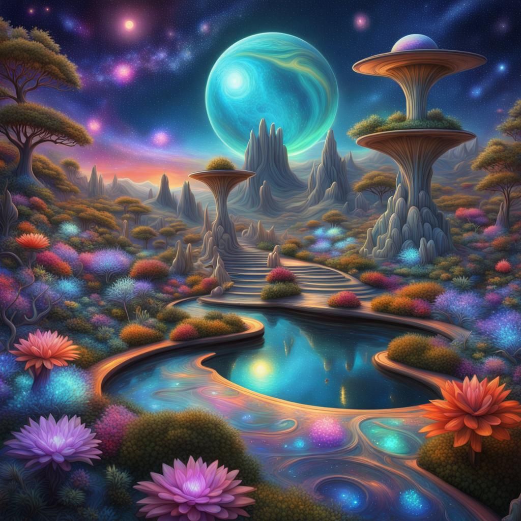 Sci-Fi Alien Zen Garden with Cosmic Sky