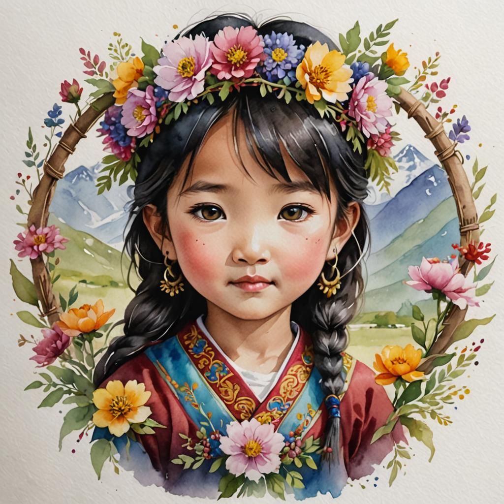 Tibetan Chibi Girl in Vibrant Flower Crown