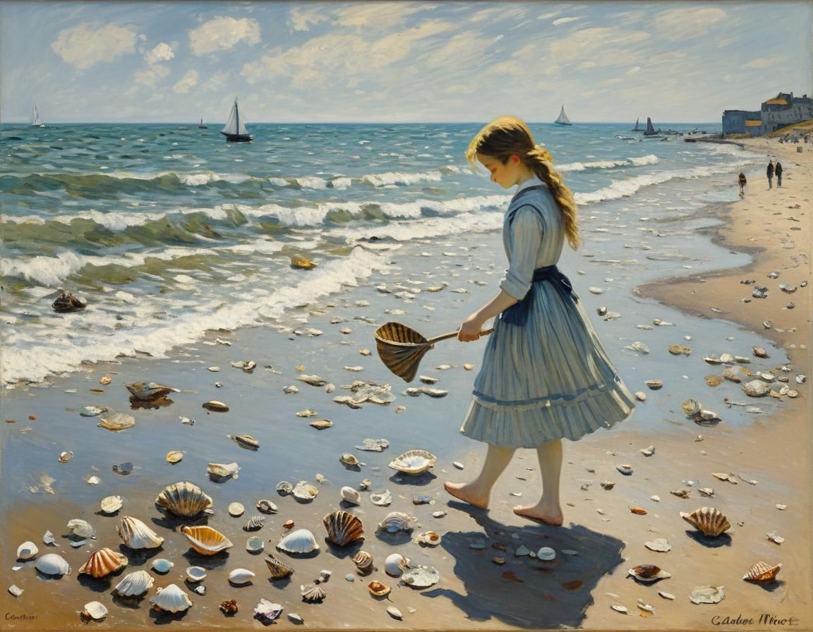Impressionist Girl Collects Seashells on the Beach