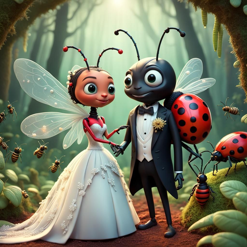 Ladybug Bride and Grasshopper Groom Wedding, 3D Art