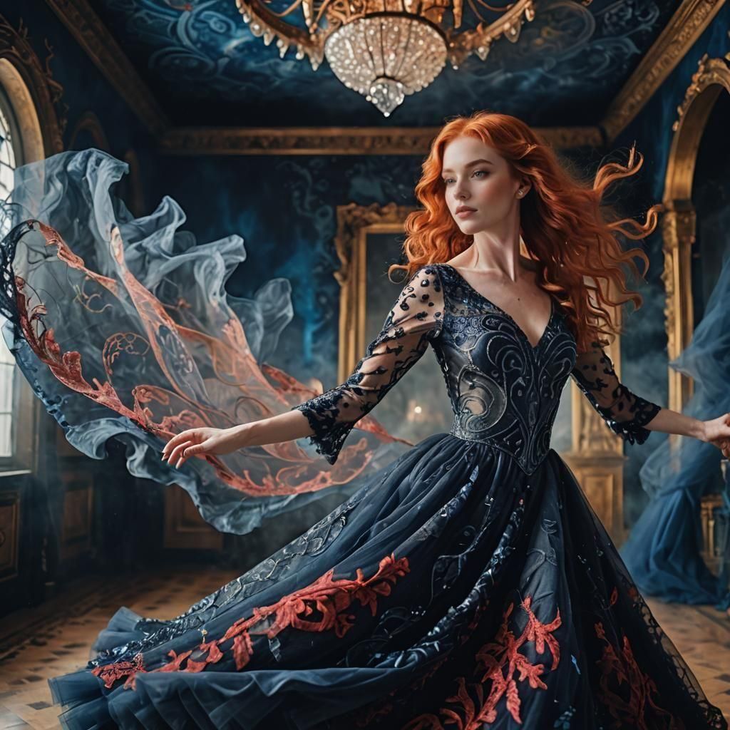 Redhead Ballroom Dancer in Sapphire Dress