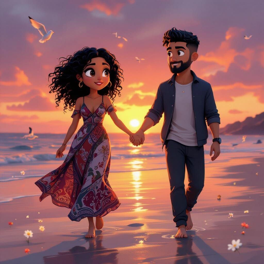 Romantic Cinematic Sunset Beach Walk: Mary and Dany