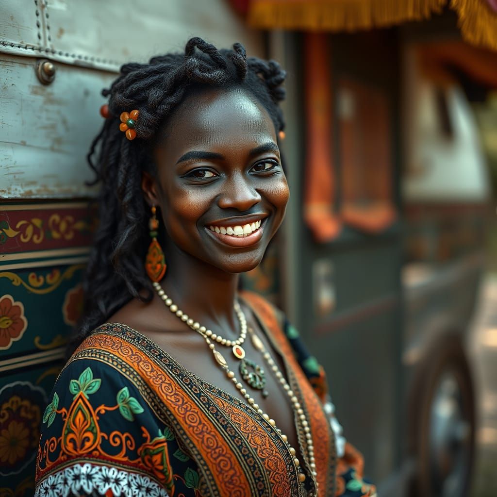 Smiling Woman in Gypsy Dress, Photorealistic Portrait
