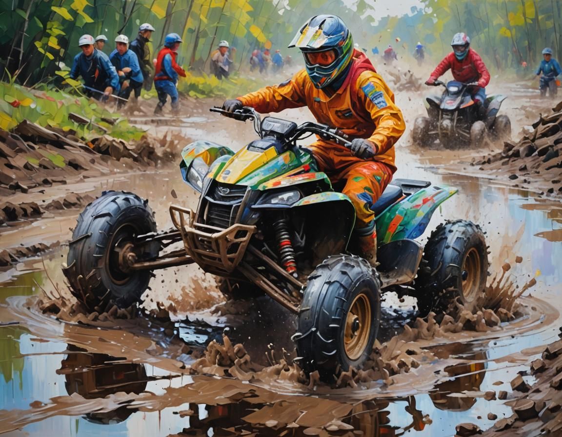 Realistic and dynamic painting with a quad bike rider on a r...