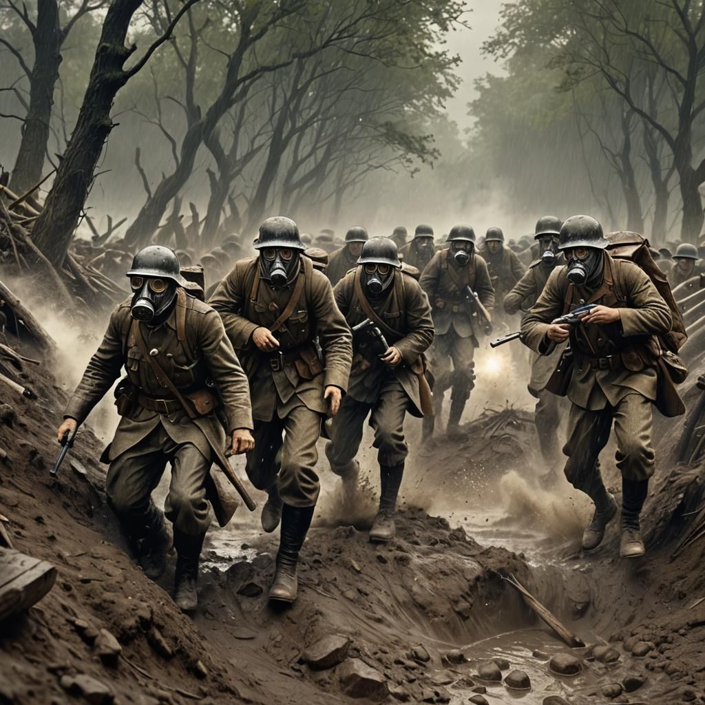 WWI German Soldiers Storming Trench in Heavy Rain
