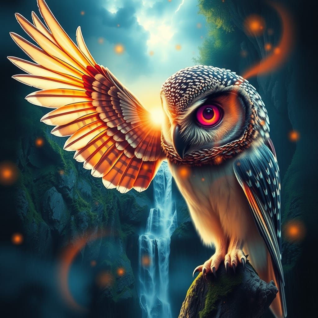 Fantasy Owl Double Exposure Waterfall