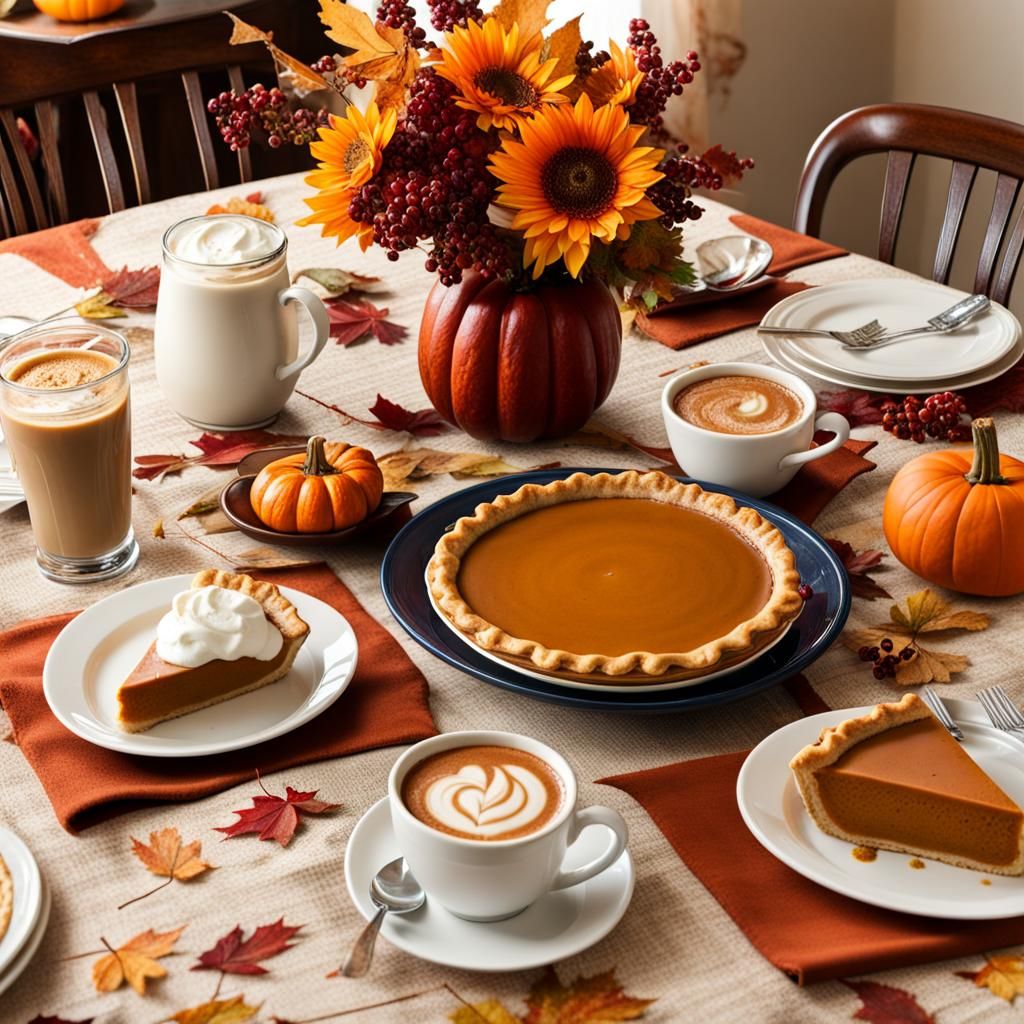 Thanksgiving Table Spread with Pumpkin Pie