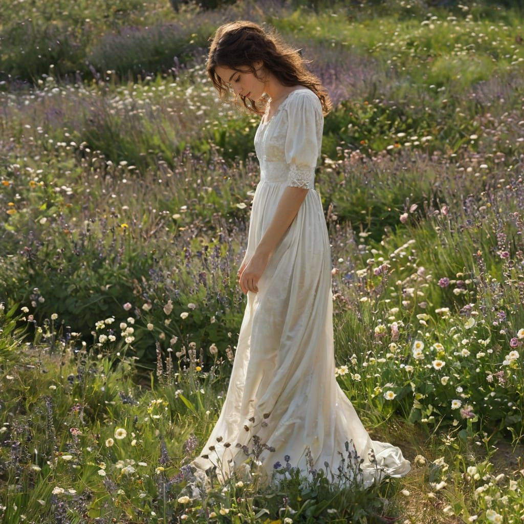 Young Woman Walking in a Field of Flowers in a Dreamy Landsc...