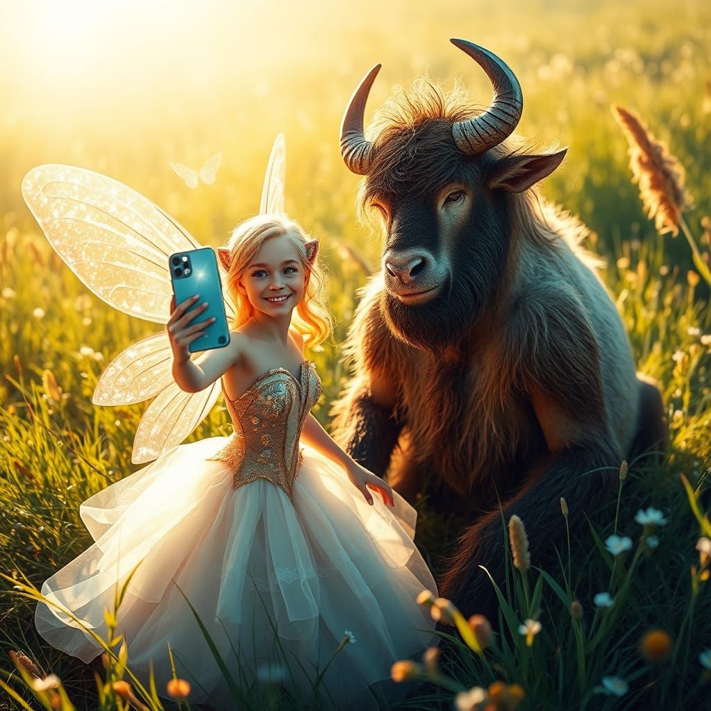 Fairy Selfie with Minotaur in Magical Meadow