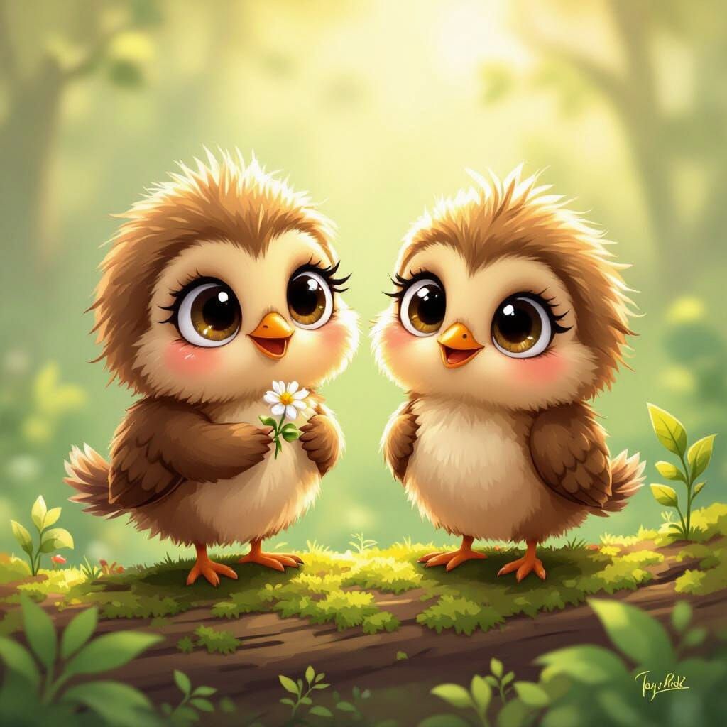 Cute Cartoon Kiwis with Big Eyes on Mossy Log